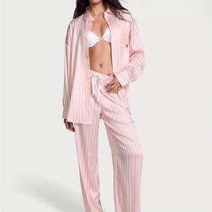 VS Glazed Satin Oversized Long Pajama Iconic Pink Stripe S SHIPS TODAY